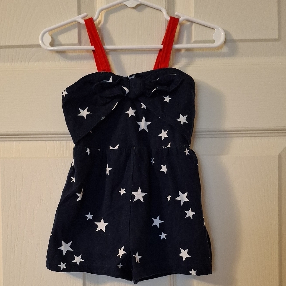 Navy Star Print Romper with Red Straps